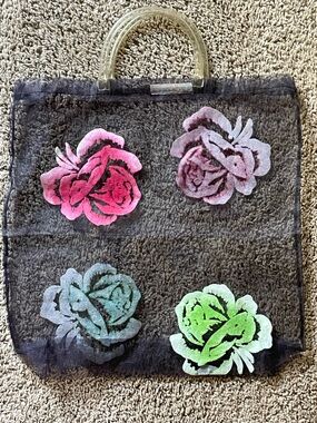 Vtg 50s 60s Nylon Mesh Market Shopping Bag Flocked Velvet Floral Print Hong Kong